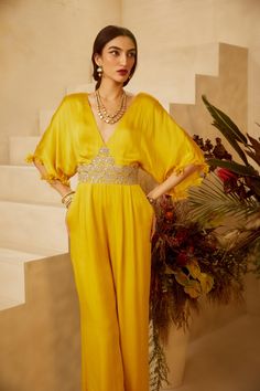 Luxury Yellow Palazzo Set With Intricate Embroidery, Velvet Jumpsuit With Kimono, Luxury Yellow Traditional Wear With Traditional Patterns, Luxury Yellow Traditional Wear With Motifs, Luxury Yellow Party Wear Sets, Luxury Fall Party Suit, Yellow Indian Jumpsuit, Yellow Jumpsuit Outfit Wedding, Ethnic Jumpsuit Indian