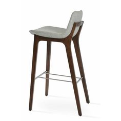 an upholstered bar stool with a wooden frame and grey fabric seat padding