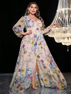 Step into a world of floral elegance with our Enchanting Blooms Plus-Size Floral Print Lantern Sleeve Chiffon Dress. This exquisite piece is a celebration of grace and style, designed to flatter and embrace your curves. The lantern sleeves add a touch of whimsical charm, while the split thigh detail offers a hint of allure, making this dress a perfect blend of modesty and modernity. Crafted from lightweight chiffon, this dress flows effortlessly, ensuring comfort without compromising on style. T The Lantern, Elegant Pattern, Short Wedding Dress, Lantern Sleeve, Printed Sleeves, Lantern Sleeves, Style Elegant, Sleeve Detail, Chiffon Dress