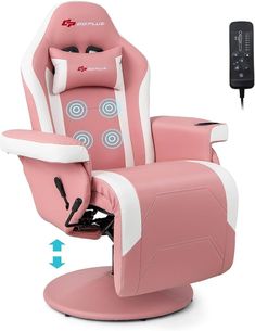 the pink and white reclining chair is next to a charger with two wires