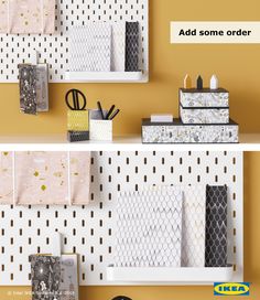 two shelves that have various items on them, one is white and the other has gold dots