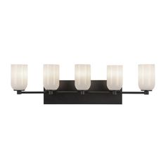 four light bathroom fixture with frosted glass shades on the bottom and black metal frame