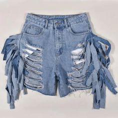 Expertly crafted with a high waist design, these denim shorts feature stylish side tassel details and trendy ripped accents. Made from quality denim fabric, these shorts are both comfortable and fashionable. Elevate your summer wardrobe with these must-have shorts. Decoration Button , Zip Up , Pockets , Tassel , Hole Style Novelty Fabric Type Denim Material Cotton , Polyester Pattern Type Solid Season Summer Type Jeans Fabric Non-Stretch Summer Jean Shorts, Black Jumpsuit Dress, Denim Pants Fashion, Style Overalls, Ripped Denim Shorts, Shorts Fashion, Designer Denim, Ripped Shorts, Denim Pants Women