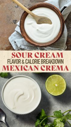 sour cream in a bowl with a spoon and cilantro on the side next to it