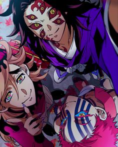 two anime characters are standing next to each other with their faces painted red and purple