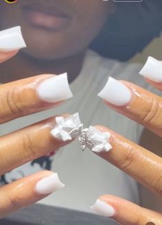 @classifiedpisces Nut White Nail Designs, White And Pink Birthday Nails, Short Acrylic Nails White With Design, White Shirt Acrylic Nails, White Nut Nails, Shorties Nails White, White Nails With Bow, White Nails With Charms, White Nail Inspo Acrylic