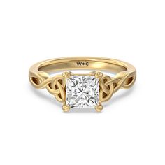 a rose gold engagement ring with a princess cut diamond in the center and an intertwined band