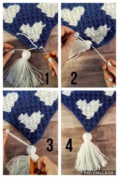 instructions to crochet an afghan with white and blue yarn, including two tassels