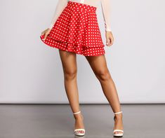 Hey cutie. channel an adorable Miss Retro Mouse this Halloween in this polka dot skater skirt! Featuring a flattering high rise waist and a flirty. flowy tiered style. this skirt key to getting that perfect costume. Pair with some gold hoop earrings and block heels to complete the look.Fit & Features High rise waist Tiered skater skirt All over polka dot pattern Short. flowy fit Model is 5'6.5" with a 32" bust. 23.5" waist and 35" hips. She is wearing a size small.Halloween Costumes are excluded from Promotions. Hey Cutie, Yellow Candy, Children Shoes, Polka Dot Pattern, Vintage Knitting, Knit Skirt, Patterned Shorts, Gold Hoop, Gold Hoop Earrings