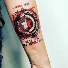 a person with a tattoo on their arm that has the words, mom and captain america painted on it