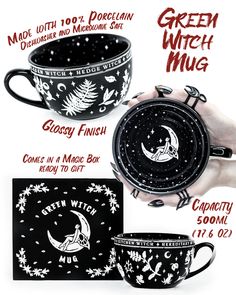 the witch mug is designed to look like it has been decorated with black and white designs