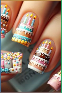 \ Birthday Nail Art Ideas, Creative Nail Designs Unique, Unique Nail Ideas Creative, Candle Nails, Happy Birthday Nails, Birthday Cake Nails, Nail Art Birthday, Birthday Nail Ideas