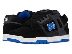 DC Stag - Men's Skate Shoes : Black/Blue : Don't settle for anything less than the best. Keep going for the gold with the DC Stag shoes. Casual sneakers with action nubuck and leather uppers. Injected TPR logo. Molded TPU eyestay. Mesh collar and underlays. Medial perforations for added breathability. Foam padded tongue and collar for all-day comfort. Performance wrapped cupsole construction for added durability. DC's trademarked Pill pattern tread that optimizes traction and sole flex. Imported Dc Skate Shoes, Jeweled Shoes, Mens Skate Shoes, Hype Shoes, Dc Shoes, Air Jordans Retro, Dream Shoes, Dc Sneaker, Shoes Casual