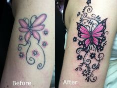 before and after photos of a tattoo cover up on a woman's left arm