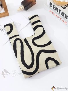 Bird in Bag - Womens Knitted Shoulder Bag with Stripe Pattern, Black and White, Large Capacity, Can Be Used as a Cosmetic Bag Pattern Black And White, Knitting Women, Bird In Bag, Bag Bag, Square Bag, Acrylic Material, Being Used, Stripes Pattern, Cosmetic Bag