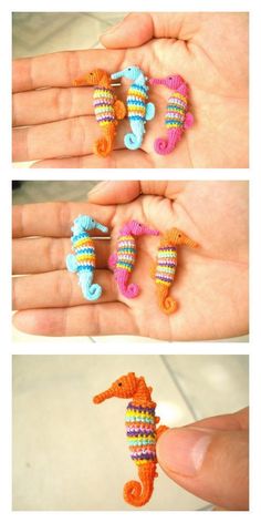 three different pictures of miniature seahorses in their hands