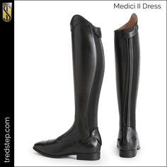 Introducing the newest boot in our Renaissance Collection, the Medici II. State-of the-art design, unmatched rider comfort and a customized, crafted fit all come together in this beautifully sculpted boot. It’s unique curve patterns envelope and enhance the shape of the rider’s leg for the ultimate in close contact. The Medici II combines a sophisticated style with superior function that makes it a winner in any arena. Fitted Riding Boots With Leather Sole, Elegant Fitted Riding Knee-high Boots, Fitted Moto Boots For Riding With Round Toe, Fitted Moto Boots With Round Toe For Riding, Elegant Snip Toe Riding Boots, Fitted Round Toe Boots For Shows, Tall Dress, Dress Boot, Tall Dresses