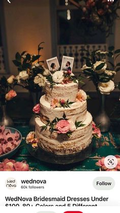 the wedding cake is decorated with flowers and photos