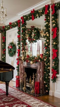 a living room decorated for christmas with red and green garlands on the fireplace, piano in foreground