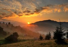 the sun is setting over mountains with trees in the foreground and fog on the ground