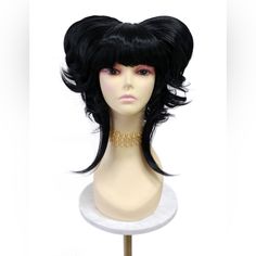 Note: This Wig Is Suitable Only For Those With Short Hair No Longer Than 6" Inches Long. A Wildly Fun And Unique Short Hairstyle Featuring Straight Bangs, Loose Tendrils And Two Back Poufs Shaped By Hollow Cones From The Underlying Wig Cap. Made With Synthetic Fibers. Pull-On Petite Size Costume Cap. *Not Heat Resistant, Do Not Use Heating Tools. Color: Black Circumference: *Petite*, Max Size 21" Materials: Synthetic Wig Fibers Wig Prices Are Firm. Bouffant Wig, Wig Bangs, Short Black Wigs, Drag Makeup, Straight Bangs, Side Bangs, Black Wig, Short Hairstyle, Long A