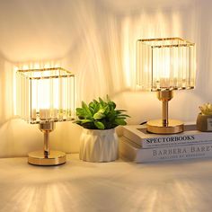 a couple of lamps sitting on top of a table next to books and a plant