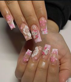 Pink nails Beginner Nail Designs, Almond Nails Pink, Hello Kitty Nails Art, Kids Nail Designs, Kitty Nails, Beauty Nails Design, Girly Acrylic Nails, Hello Kitty Nails