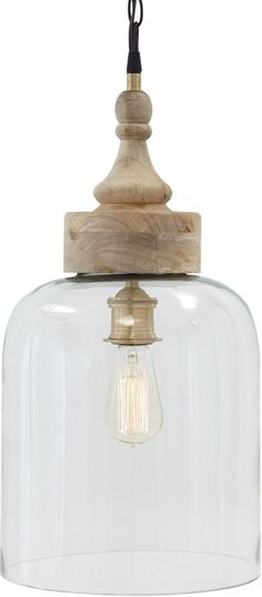 a light that is hanging from a ceiling fixture with a glass dome and wooden handle