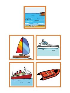 four pictures with different types of boats and ships in the middle one has an orange frame