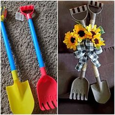 two pictures one has sunflowers and the other has gardening utensils on it