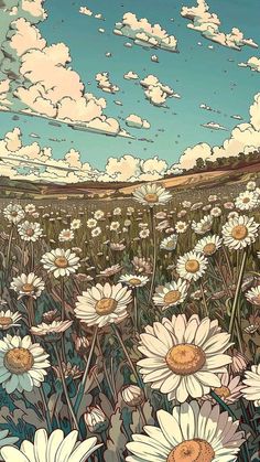 a field full of white daisies under a cloudy blue sky