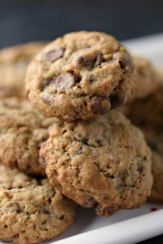 chocolate chip cookies stacked on top of each other