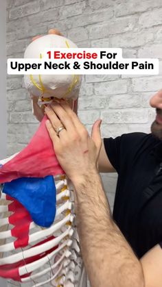 the upper neck and shoulder are shown with text overlay that reads, 1 exercise for upper neck & shoulder pain