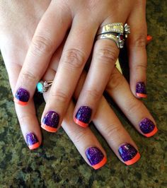 Plum And Orange Nails, Orange And Purple French Tip Nails, Halloween Nails Orange And Purple, Purple And Orange Nail Designs, Clemson Nails