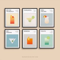 four framed posters with different cocktails and the names of each drink on them, all in