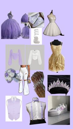 the collage shows several different types of clothing and accessories, including shoes, dresses, tiaras, skirts, veils