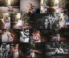 black and white images of people posing for pictures in the woods, with trees behind them