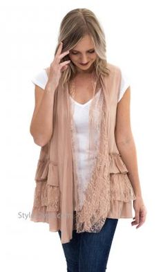 Arizona Triple Ruffled Lace Sleeveless Cardigan Vest In Latte Cardigan Vest Sleeveless, Morning Dress, Unique Womens Fashion, Lace Vest, Womens Fashion Casual Summer, Chic Blouses, Vintage Inspired Outfits, Sleeveless Cardigan, Cardigan Vest