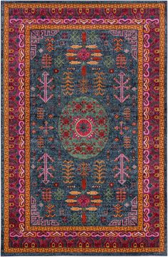 a blue rug with an ornate design on the center and red, pink, green, orange