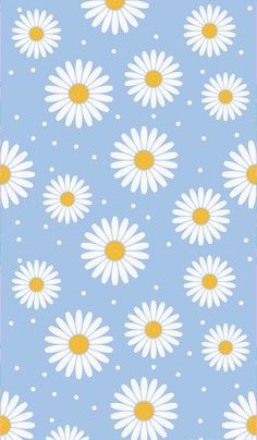 a blue background with white daisies and polka dots on the bottom, in yellow