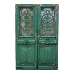 an old green door with intricate iron work on the front and side panels, isolated against a white background