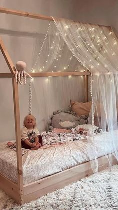 Montessori Sand Trays & Natural Toys Girls Bed Canopy With Lights, Kids Platform Bed With Canopy, Toddler House Bed With Canopy, Princess Twin Bed, House Frame Bed Decoration, Toddler Bed Lights, House Bed With Curtains, Princess Floor Bed, House Bed Frame Decor