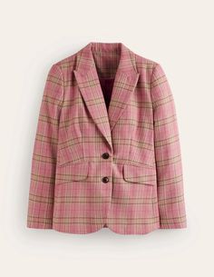 Marylebone Cotton Blazer - Pink Check | Boden US Long Jersey Dress, Blazer Pink, Satin Shirt Dress, Knit Shirt Dress, Revere Collar, Womens Knit Dresses, Cotton Blazer, Blouse Pants, Satin Shirt