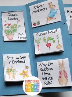 some books with pictures of rabbits and carrots on them