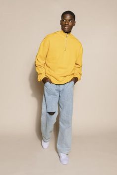 Mens Blue Sweater Outfit, Blue And Yellow Outfit Ideas Men, Yellow Streetwear Outfit Men, Yellow And Grey Outfit Men, Yellow Sweatshirt Outfit Men, Yellow Fashion Men, Mens Yellow Outfit, Yellow Clothes Men, Yellow Mens Outfits