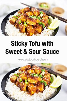 sticky tofu with sweet and sour sauce on top of rice in a black bowl