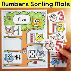 numbers sorting mats with owls and birds on them