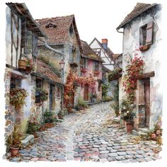 an old cobblestone street with flowers and potted plants on each side, painted in watercolor