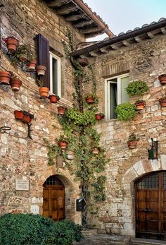 an old brick building with potted plants on it