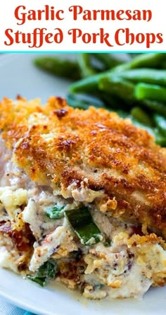 this is an image of garlic parmesan stuffed pork chops on a plate